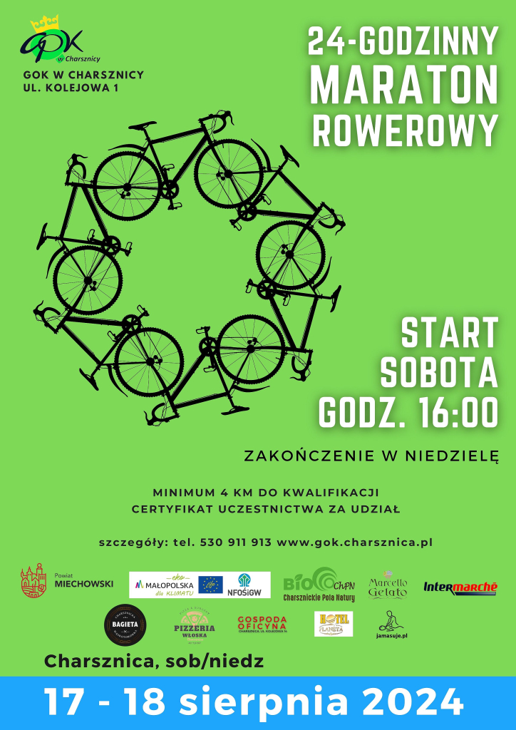 Plakat informujący o maratonie rowerowym w Charsznicy. 